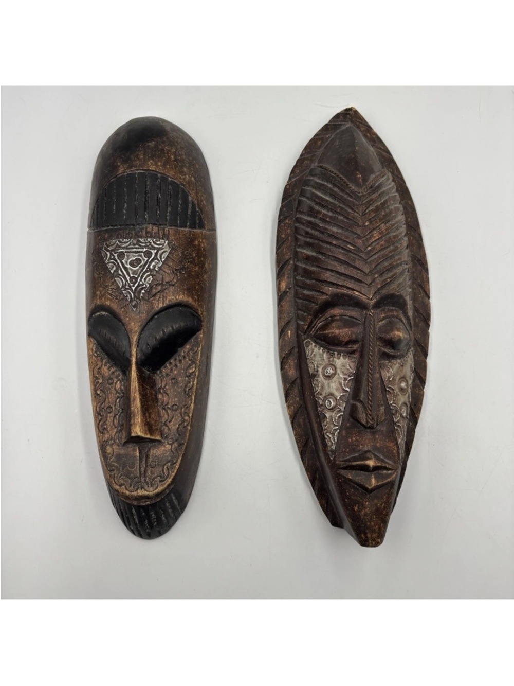 Vintage African Ghanian Tribal Mask Wooden and Metal Embossed